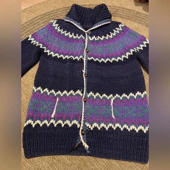 vintage hand-knit chunky wool cardigan sweater Fair Isle pattern blue teal - Picture 9 of 15